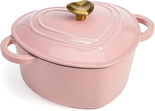 Paris Hilton Enameled Cast Iron Dutch Oven Pot with Lid, Heart-Shaped Dutch Oven, Durable Cast Iron Pot with Dual Handles, Oven Safe to 500°F, Works on All Stovetops, 2-Quart, Pink