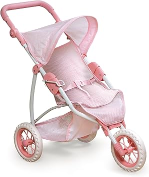 Badger Basket Foldable Jogging Style Doll Stroller - Adjustable Handle, Canopy, Straps & Basket - Fits 18-22" Dolls, Lightweight Toy for Girls Ages 3+ - Pink Gingham Design