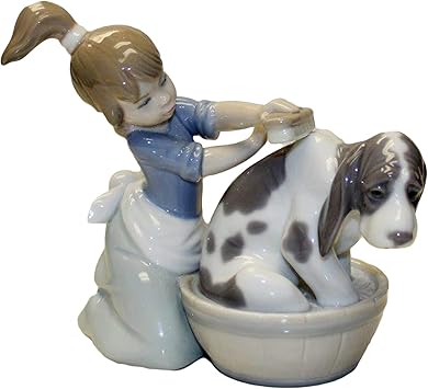 LLADRÓ Bashful Bather Dog Figurine. Porcelain Girl Figure.