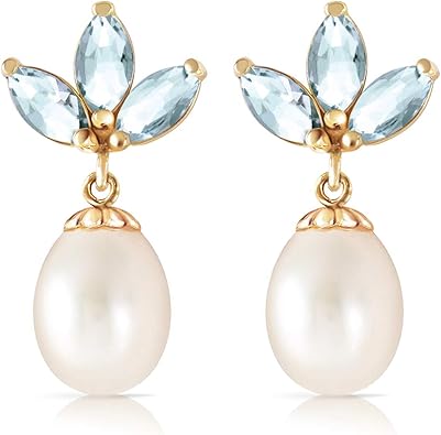 Galaxy Gold GG 14K Solid Gold Freshwater Pearl and Aquamarine Drop Earrings for Women - 9.50 Carat Blue Aquamarine with Cultured Pearl - March Birthstone, Fine Jewelry, Galaxy Gold GG