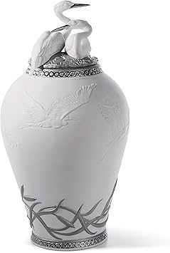 LLADRÓ Herons Realm Covered Vase Figurine. Silver Lustre. Porcelain Vase.