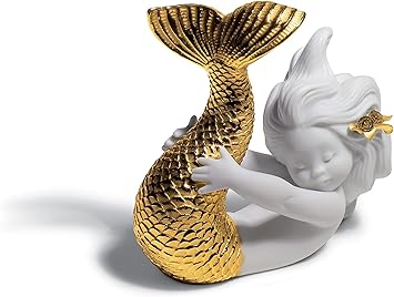 LLADRÓ Playing at Sea Mermaid Figurine. Golden Lustre. Porcelain Mermaid Figure.