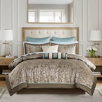 Madison Park Aubrey Cozy Comforter Set, Faux Silk Jacquard Paisley Design - All Season Down Alternative Bedding with Cotton Bed Sheets, Bed Skirt & Toss Pillows, King Blue 12 Piece
