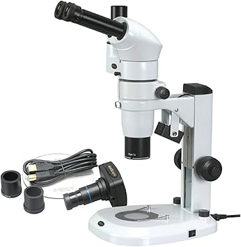 AmScope PM240T-8M Digital Trinocular Common Main Objective Stereo Zoom Microscope, WH10x Eyepieces, 8X-80X Magnification, 0.8X-8X Zoom Objective, Pillar Stand, 100V-240V, Includes 8MP Camera with Redu