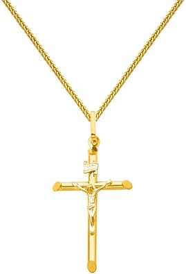The World Jewelry Center 14k Yellow Gold Crucifix Cross Pendant with 1mm Braided Square Wheat Chain Necklace