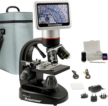 Celestron – PentaView LCD Digital Microscope – 4.3" Screen – 5MP Camera – 40x–2400x Magnification – Rotating Head – SD Card Included –TV Output – Ideal for Slides, Labs, Classrooms, Biology, Education
