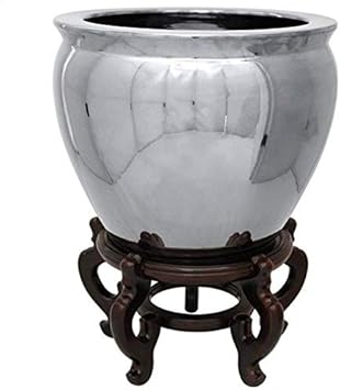Red Lantern 16" Pure Silver Porcelain Fishbowl Planter or Cachepot for Indoor/Outdoor Use in Garden Entryway Living Room Boho Eclectic Modern Contemporary Classic Traditional Style Decor