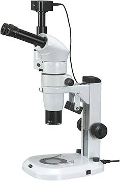 AmScope PM240T-5MA Digital Trinocular Common Main Objective Stereo Zoom Microscope, WH10x Eyepieces, 8X-80X Magnification, 0.8X-8X Zoom Objective, Pillar Stand, 100V-240V, Includes 5MP Camera with Red