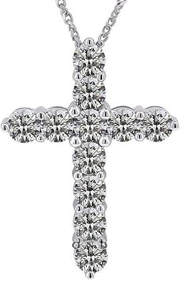 1.00 Carat Round Brilliant Diamond Cross Pendant Necklace Chain 14 Kt White Gold