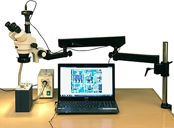 AmScope SM-8TZZ-FOR-5M Digital Professional Trinocular Stereo Zoom Microscope, WH10x and WH20x Eyepieces, 3.5X-180X Magnification, 0.7X-4.5X Zoom Objective, Fiber-Optic Ring Light, Articulating-Arm Bo