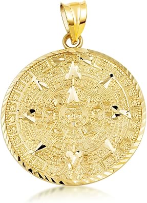 Gold Round 1"/1.2"/1.5" Aztec Mayan Calendar Medallion Pendant Necklace (S/M/L) | 10K or 14K Yellow, Rose, or White Gold | Choice of Pendant Only or Chain Length