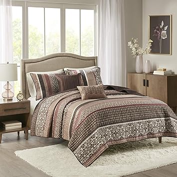 Madison Park Quilt Set Luxurious Jacquard Stripes Design - All Season, Coverlet Bedspread Lightweight Bedding Layer, Shams, Decorative Pillow, Full/Queen(90"x90"), Floral Red 5 Piece