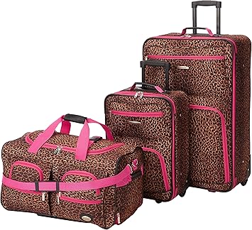 Rockland Vara Softside 3 Piece Upright Luggage Set, Expandable, (20"/28"/22" Rolling Duffel), Pink Leopard