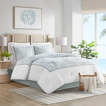 Harbor House Cotton Comforter Set - Coastal Oceanic Sealife Design, All Season Down Alternative Bedding with Matching Shams, Bedskirt, Maya Bay, Seafoam Blue Queen(92"x96") 4 Piece
