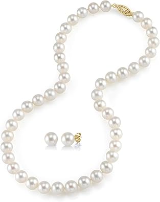 The Pearl Source Freshwater Pearl Necklace and Earrings for Women, 6.0mm - Genuine Cultured White Pearls in 14K White Gold, Hypoallergenic Jewelry - Pearl Strand Necklace & Matching Earrings