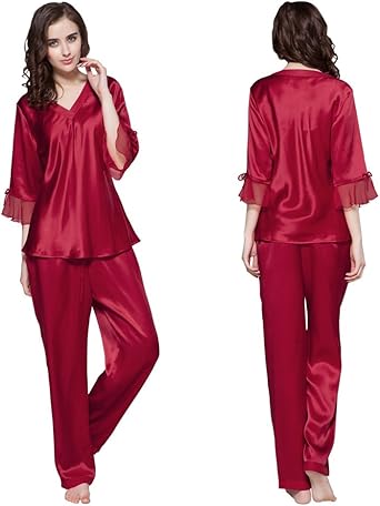 LilySilk Women's 100% Silk Pajamas Set V Neck 3/4 Long Sleeve Mulberry Silk Sleepwear
