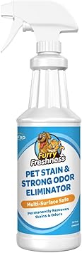 FurryFreshness Extra Strength Cat or Dog Pee Stain & Permanent Odor Remover + Smell Eliminator -Removes Stains from Pets & Kids Including Urine or Blood- Lifts Old Carpet Stains- 32oz Spray