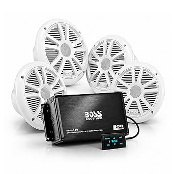 BOSS Audio Systems ASK904B.64 Marine Boat 6.5 inch Speakers and 4 Channel Amplifier - 500 High Output, Bluetooth Remote, USB and Auxiliary, Waterproof Pouch