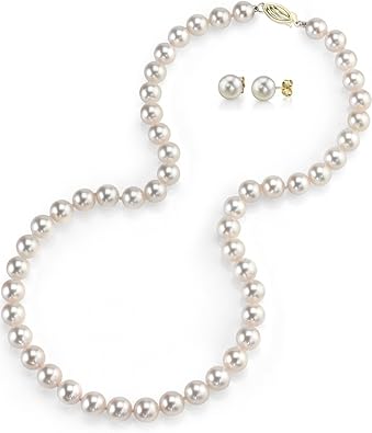 The Pearl Source 14K Gold 6.5-7mm AAAA Quality Round White Freshwater Cultured Pearl Necklace & Earrings Set in 18" Princess Length for Women Pearl Gifts for Christmas, Holidays and Anniversary