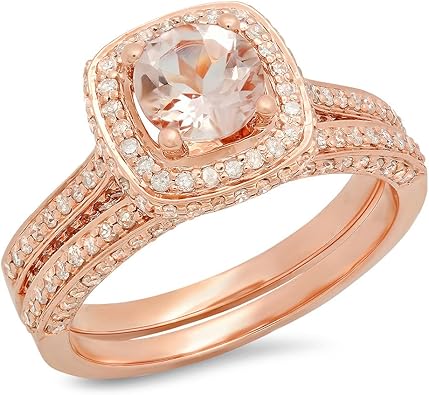 Dazzlingrock Collection 6.2mm Round Morganite & White Natural Diamond Split Shank Halo Engagement Ring Set for Women in 14K Real Solid Gold