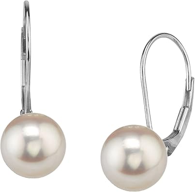 THE PEARL SOURCE 14K Gold AAA Quality Round Genuine White Akoya Cultured Pearl Leverback Earrings for Women