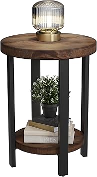 Alaterre Furniture Pomona Living Room 2-Tier Solid Wood Small Round End Table with Shelf and Metal Legs – Modern Rustic Side Table or Nightstand (Rustic Brown)