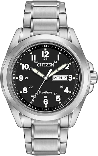 Citizen Men's Eco-Drive Weekender Garrison Field Watch in Stainless Steel, Black Dial, Arabic Markers, Luminous, 43mm (Model: AW0050-82E)