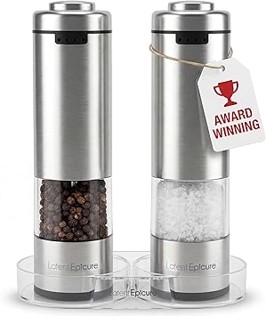Latent Epicure Electric Salt and Pepper Grinder Set, USB-C Rechargeable Stainless Steel Mills with LED Light, Adjustable Ceramic Grinders and Acrylic Mill Rest Tray