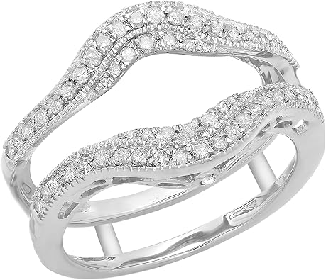 Dazzlingrock Collection 0.52 Ctw 14K Real Solid Gold White Natural Diamond Women Anniversary Wedding Enhancer Guard Double Ring