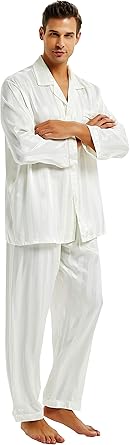 Lonxu Pajamas Set Mens Silk Satin Pajamas Long Sleeve Loungewear Two-Piece Sleepwear Button-Down Pj Set S-XXXXL