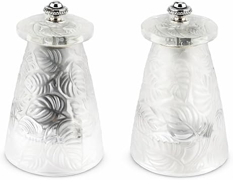 Lalique x Peugeot Crystal Salt & Pepper Mill Set – 9 cm “Leaves” Art Deco Mills, Manual Grinder Duo, Gift Box, 2-Piece Set (2/32272)