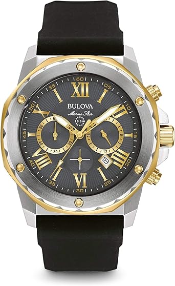 Bulova Men's Marine Star Series A Two-Tone Gold Ion-Plated Stainless Steel 6-Hand Chronograph Quartz Watch, Black Silicone Strap, 44mm Style: 98B277
