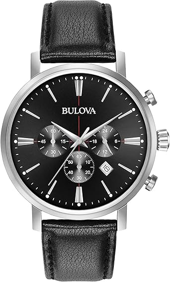 Bulova Men's Classic Aerojet Stainless Steel 6-Hand Chronograph Watch with Black Leather Strap, 41mm Style: 96B262