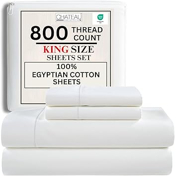 100% Egyptian Cotton Sheets King Size Sheets Set with Fully Elasticated 15" Deep Fitted Sheet & Pillowcase Sets, 800TC Sateen Weave Hotel Collection King Sheet Set, Soft Luxury White Bedding