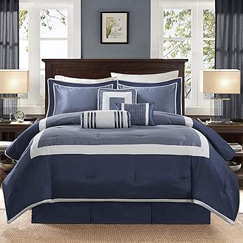 Madison Park Cozy Comforter Set-Deluxe Hotel Collection, All Season Down Alternative Luxury Bedding with Matching Shams, Decorative Pillows, Cal King(104"x92"), Genevieve, Navy 7 Piece