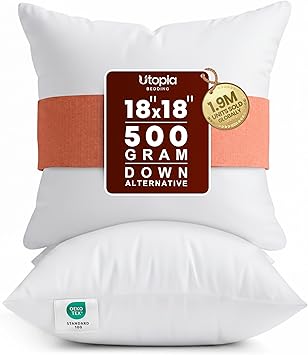 Utopia Bedding 18x18 Pillow Inserts, Set of 2, White – Indoor Decorative Throw Pillows for Bed, Sofa & Couch – Soft, Supportive & Fluffy Cushion Inserts