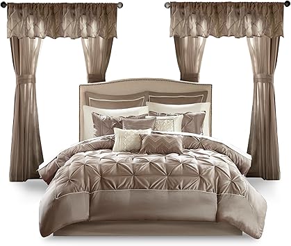 Madison Park Essentials Room in a Bag Faux Silk Comforter Set - Luxe Diamond Tufting All Season Bedding, Matching Curtains, Decorative Pillows, Taupe Queen(90"x90") 24 Piece
