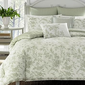 Laura Ashley - King Size Bonus Comforter Set, Reversible Cotton Bedding, Includes Matching Shams with Bonus Euro Shams & Throw Pillows (Natalie Green)
