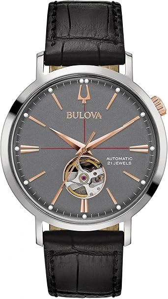 Bulova Men's Classic Aerojet 3-Hand Automatic Leather Strap Watch, Open Aperture, 40-Hour Power Reserve, Double Curved Mineral Crystal, 41mm