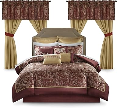 Madison Park Essentials Brystol 24 Piece Room in a Bag Faux Silk Comforter Jacquard Paisley Design Matching Curtains Down Alternative Hypoallergenic All Season Bedding-Set, Queen (90 in x 90 in), Red