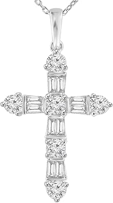 2.05 ct t.w. Ladies Round and Baguette Cut Diamond Cross Pendant Necklace (Color G Clarity VS-2) in 14 Kt White Gold