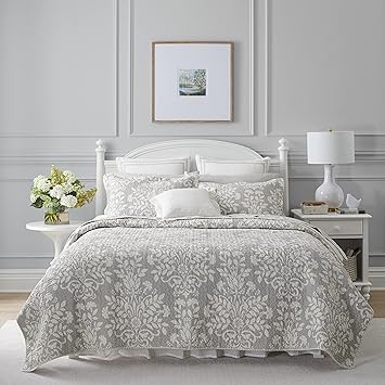 Laura Ashley - Queen Quilt Set, Reversible Cotton Bedding with Matching Shams, Home Decor for All Seasons (Rowland Grey, Queen)
