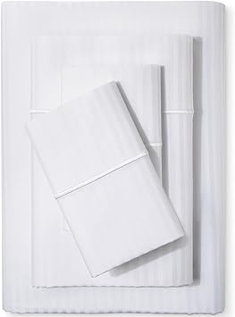 Feather & Stitch 500 TC King Size Damask Bed Sheet Set, 100% Cotton Soft Breathable Bedsheets, 4 Piece 18" Deep Pockets Sateen Weave Striped Bedding Mattress Resort Hotel Luxury- (White Stripe)