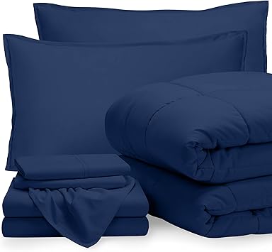 Bare Home Bed-in-A-Bag 7 Piece Comforter & Sheet Set - Queen - Goose Down Alternative - Ultra-Soft 1800 Premium - Bedding Set (Queen, Dark Blue/Dark Blue)