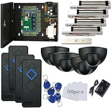 Request to Exit PIR Motion Sensor 4 Doors Network RFID Access Control 600 LBS Magnetic Lock 110-240V Power Supply Box RFID Reader Keyfobs/Cards APP remotely Open Door