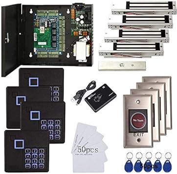 4 Doors Access Control System Infrared No Touch Exit Keypad Scanner 600lbs Electric Magnetic Lock 110V Metal Power Box RFID Reader RFID Card Key Fob(Phone APP remotely Open Door)