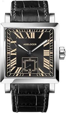 AGELOCER Fashion Square Watch Mens Silver Dial Leather Strap Steel Watch with Date 3301A1 (A3301A1-Black)