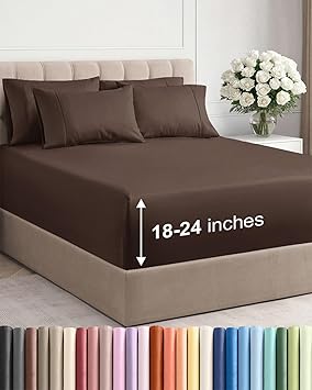 Extra Deep Queen Sheet Set - 6 Piece Breathable and Cooling Sheets - Hotel Luxury Bedding for Women, Men, Kids & Teens - Easy & Secure Fit - Soft, Wrinkle Free and Comfy - Extra Deep Pockets - Brown