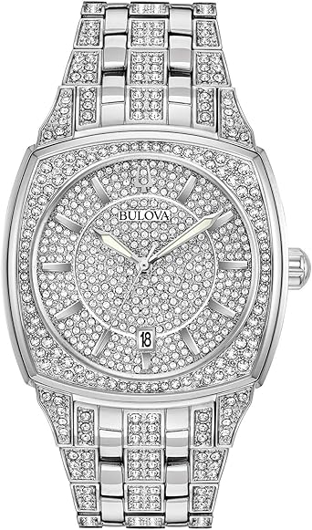 Bulova Men's Crystal Phantom 3-Hand Date Quartz Cushion Shaped Case Watch, Pave Crystal Dial, 40mm