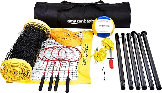 Amazon Basics Portable Outdoor Volleyball and Badminton Combo Set with Sturdy Poles and Storage Bag